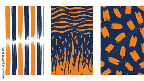 Three abstract patterns featuring bold brush strokes in navy blue and orange.