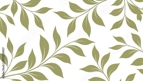 Seamless pattern of olive green leaves and branches on a white background.