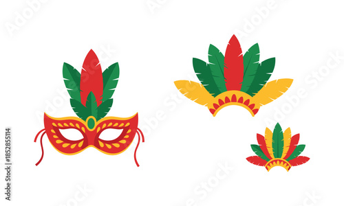 Set bundle carnival with mask and headdress with feathers flat design