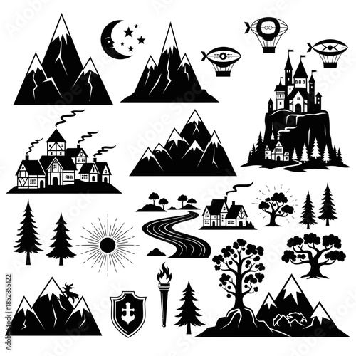Enchanting vector landscape elements perfect for fairytale designs, fantasy games, and whimsical branding with magical castles, mountains, and storybook charm