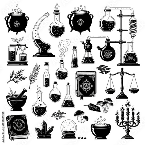 Bewitching black and white alchemy set for spellbinding projects, perfect for Halloween designs, mysterious themes, and magical creative endeavors