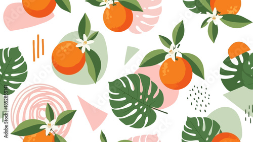 Seamless pattern with oranges, monstera leaves, and abstract shapes on a white background.