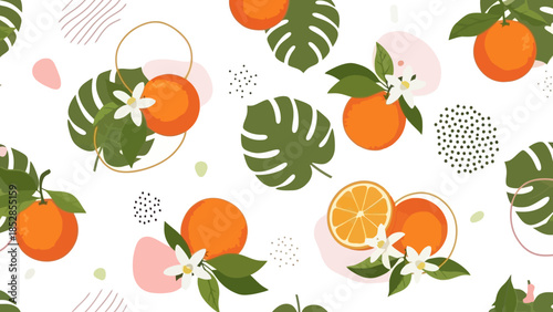 A vibrant and refreshing seamless pattern featuring ripe oranges, green leaves, and delicate white blossoms on a white background with abstract shapes.
