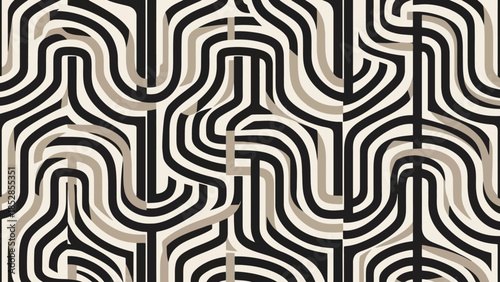 Abstract geometric pattern with interlocking curved lines in black, beige, and white.