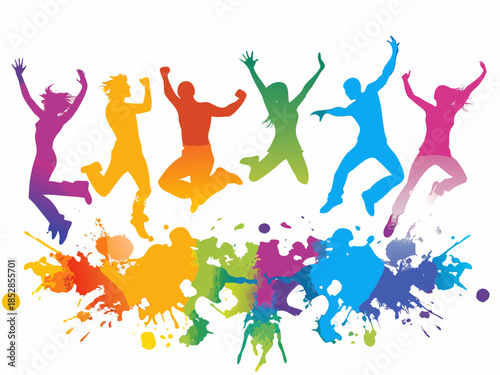 Joyful silhouettes of people jumping with colorful paint splatters below