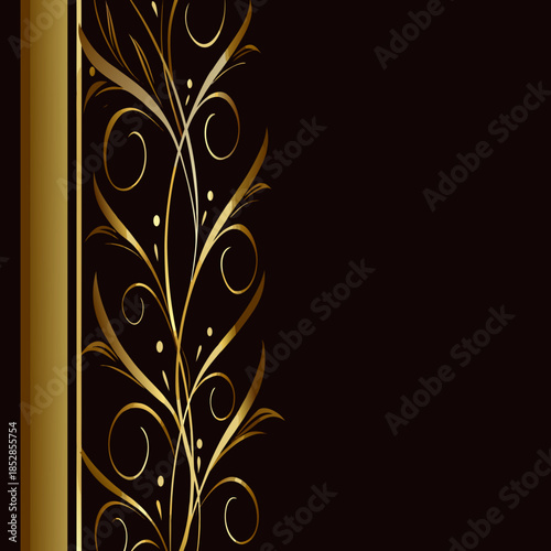 Elegant golden floral swirls and curves against a dark black background