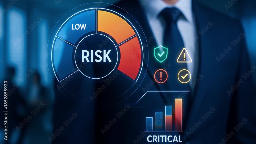 Risk assessment gauge showing low to critical levels with warning icons ...
