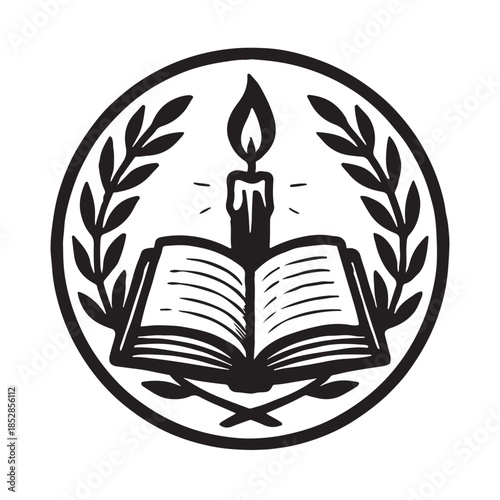 Symbol of knowledge and enlightenment: an open book and burning candle within a laurel wreath