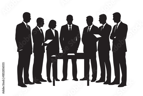 Business professionals gather around a table for a meeting or discussion