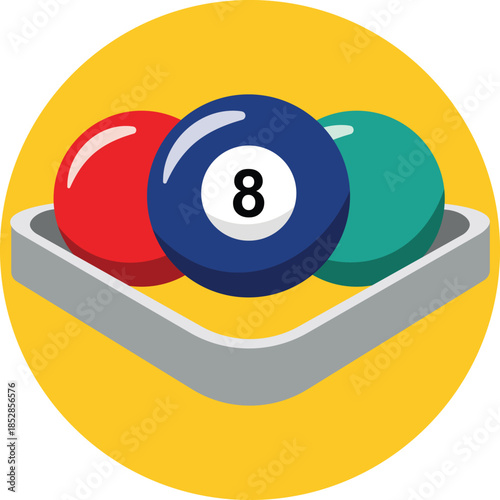 Three billiard balls red blue eight and teal in a rack pool balls eight ball