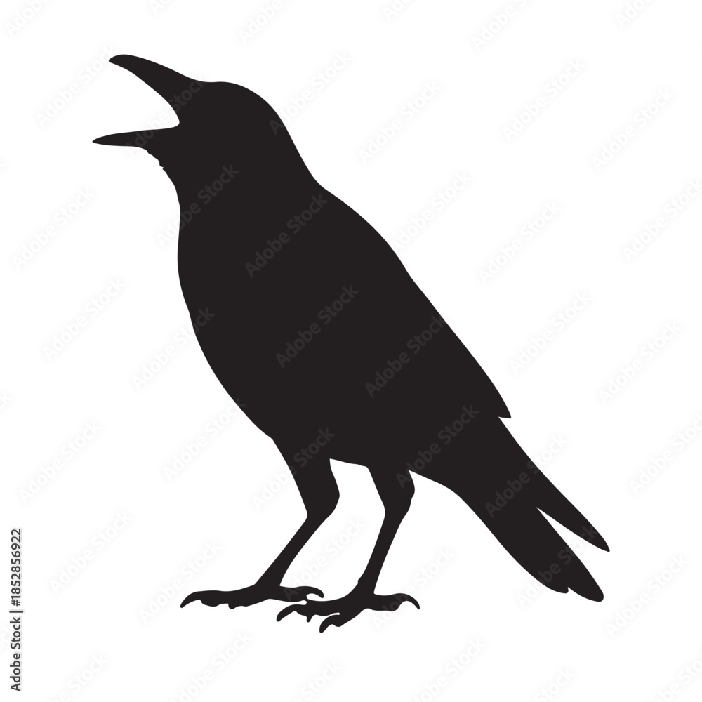 Fototapeta premium Black silhouette of a crow with open beak, creating a striking contrast on a white background