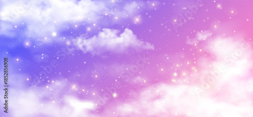 Fantasy gradient backdrop with holographic rainbow, pastel pink sky and cloud for unicorn or kawaii. Cute candy background for magical mermaid. Birthday party banner with bokeh light and glitter star.