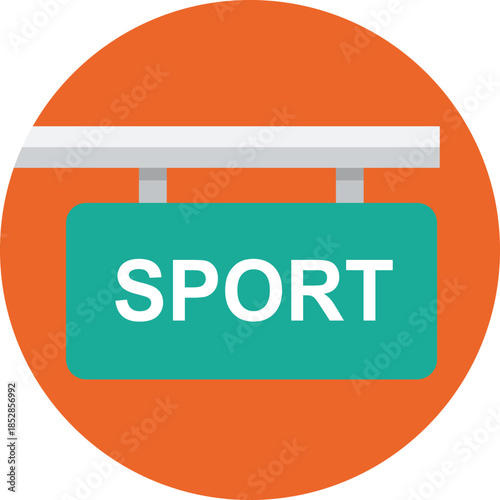 Teal sport sign with white text hanging from grey bar on orange circle