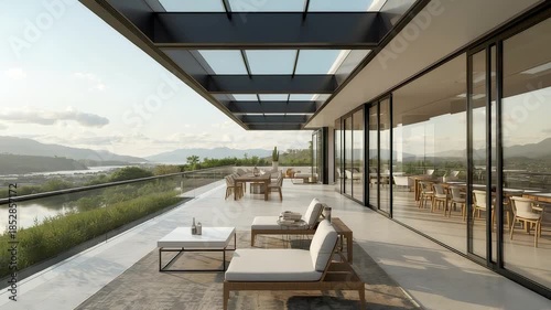 Modern Luxury Terrace with Glass Roof Overlooking Mountain Lake Landscape and Outdoor Lounge Furniture