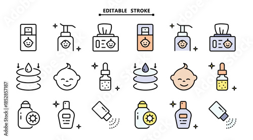 Baby cosmetics outline icons set. Editable stroke vector. Cosmetic bottles and beauty products for skincare routine, moisturizing and cleansing.