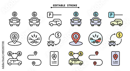 Car sharing vector symbols collection. Crisp outline icons set with editable stroke widths. Related car rent, repair, transport and travel.