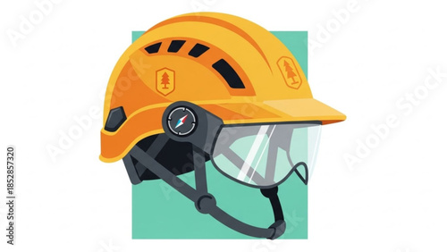 Yellow safety helmet with clear visor and black chin strap on green background, protective gear for industrial work or outdoor activities