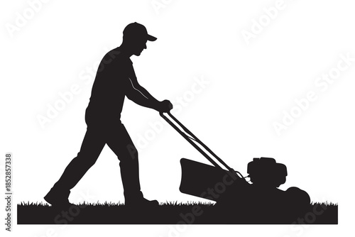 Silhouette of a man mowing a lawn with a push mower, performing essential garden work