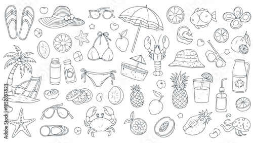 Collection of summer vacation items and fruits in line art style Vector, illustration