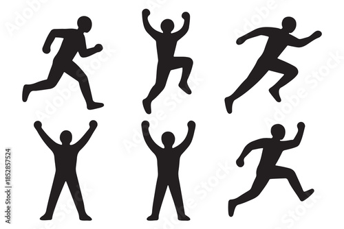 Dynamic human silhouettes illustrating various actions including running, jumping, and celebrating