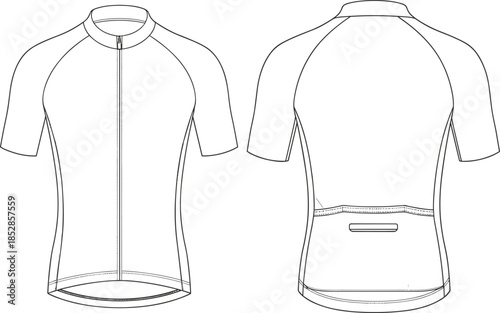 cycling jersey technical sketch, short sleeve sportswear template, cad drawing flat vector illustration, raglan sleeve activewear, rear pocket design