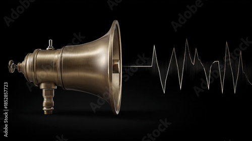 amplifier. Vintage brass megaphone with sound wave visualization, representing communication concept. product launch decks.
