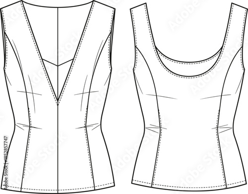 Sleeveless top fashion sketch, technical flat drawing, deep V-neckline, princess seam detail, garment construction, vector illustration, CAD template