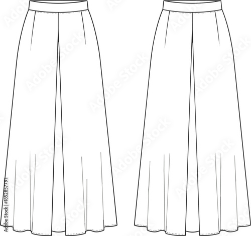 Wide leg pants fashion sketch, technical flat drawing, front view trousers, pleated waistband, flared silhouette, garment design, vector illustration