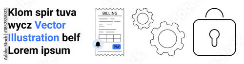 Financial security, online payment, data protection, process integration, billing systems, digital transactions. Receipt with pay icon, gears for process and lock for security. Financial security