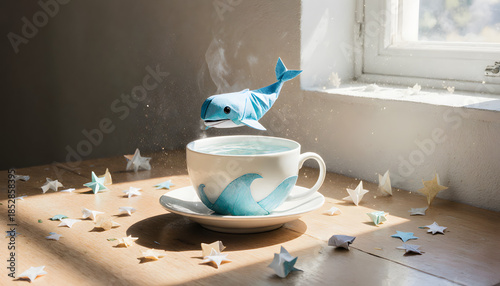 Playful baby whale jumping out of teacup in cozy indoor setting  