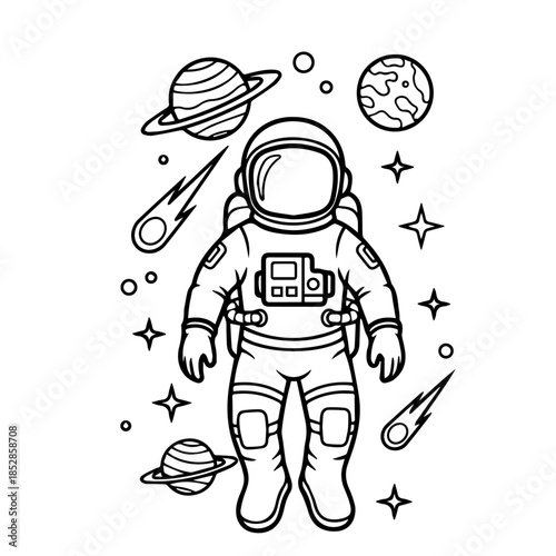 illustration of astronaut with various space objects, vector for coloring sheet book
