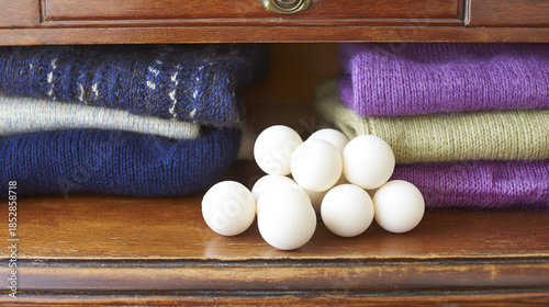 camphor. White camphor balls placed inside an antique wooden wardrobe with folded clothing. menu design, packaging mockups, designed for food delivery and cloud-kitchen brand materials.

