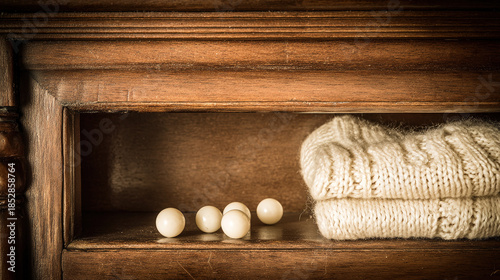 camphor. White camphor balls placed inside an antique wooden wardrobe with folded clothing. menu design, packaging mockups, designed for food delivery and cloud-kitchen brand materials.

