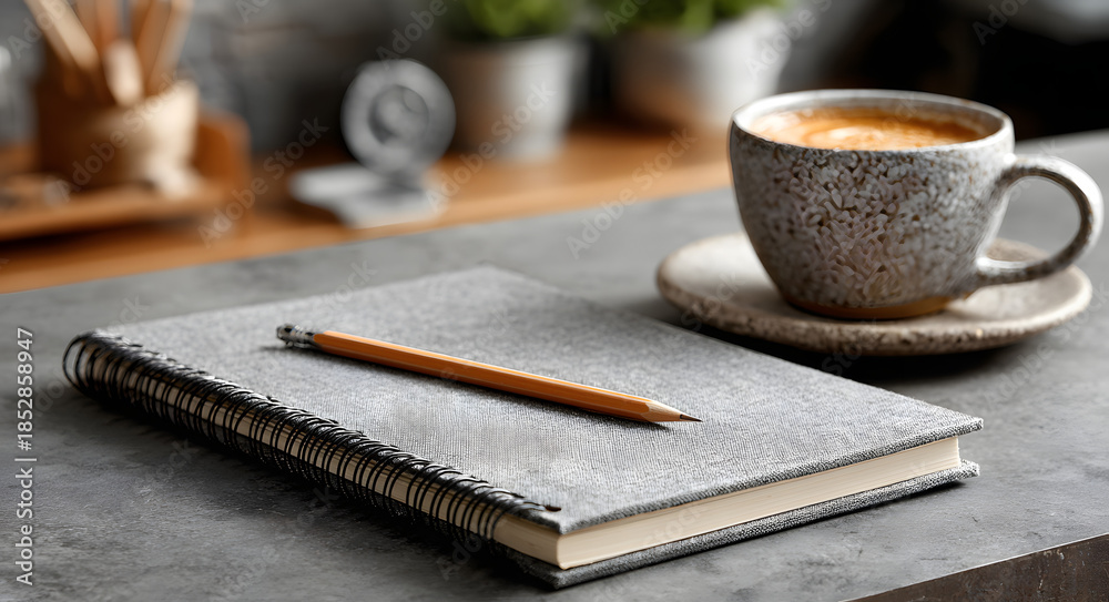Fototapeta premium Elegant office desk with gray notebook and pencil. Workspace for creative professional, student, or business person. Study and work from home setup.