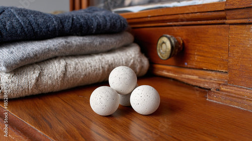 camphor. White camphor balls placed inside an antique wooden wardrobe with folded clothing. menu design, packaging mockups, designed for food delivery and cloud-kitchen brand materials.
