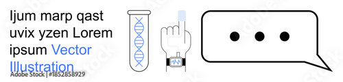 Biotechnology, security, digital communication, genetics, identity verification, innovation. A DNA test tube, fingerprint scanner and speech bubble . Biotechnology and security concept