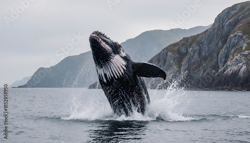 Humpback whale breaching dramatically near rugged coastline at dawn, Whale Day  