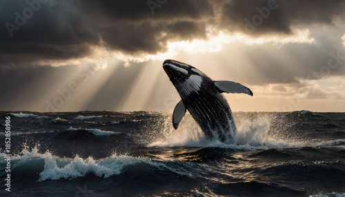 Majestic humpback whale breaching mid-air in stormy sea at golden hour  