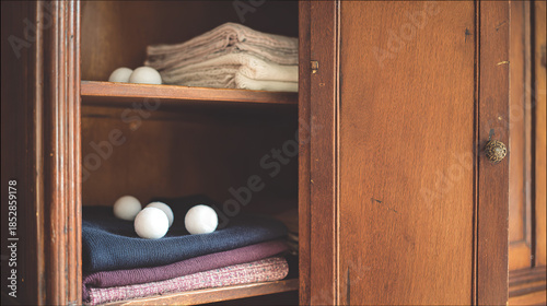 camphor. White camphor balls placed inside an antique wooden wardrobe with folded clothing. menu design, packaging mockups, designed for food delivery and cloud-kitchen brand materials.
