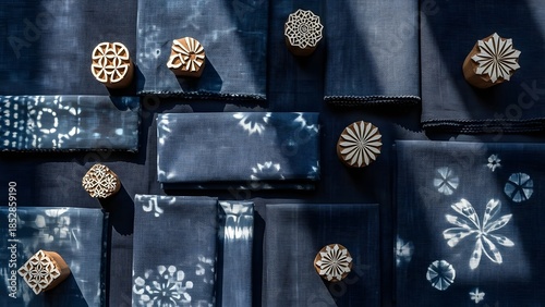 Traditional Indigo Hand Block Printing Fabric with Wooden Stamps and Floral Patterns