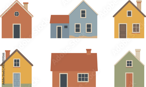 Colorful house illustrations collection showing small homes, residential buildings, simple architecture styles, cozy housing concepts, and modern flat design icons