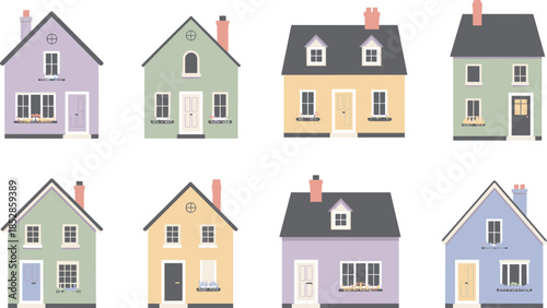 Cute colorful house illustrations collection featuring cozy residential homes, charming architecture styles, neighborhood housing designs, and modern flat vector art