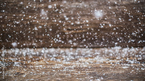 unanimity. Winter wooden surface with gentle snowfall, cold seasonal atmosphere. travel magazines, destination branding, designed for outdoor magazines and nature guides, inspires travel planning.
