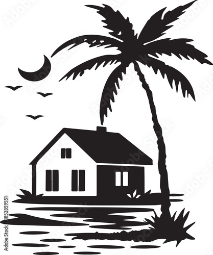 Tropical beachfront house silhouette with palm tree under crescent moon and flying birds