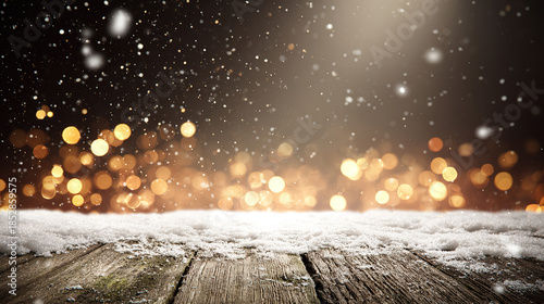 unanimity. Winter wooden surface with gentle snowfall, cold seasonal atmosphere. travel magazines, destination branding, designed for outdoor magazines and nature guides, inspires travel planning.
