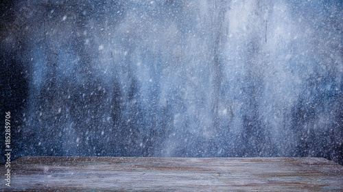 unanimity. Winter wooden surface with gentle snowfall, cold seasonal atmosphere. travel magazines, destination branding, designed for outdoor magazines and nature guides, inspires travel planning.
