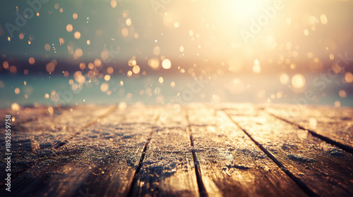 unanimity. Winter wooden surface with gentle snowfall, cold seasonal atmosphere. travel magazines, destination branding, designed for outdoor magazines and nature guides, inspires travel planning.
