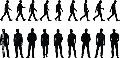 Male walking and standing silhouettes illustration showing man movement sequence, human body poses, lifestyle actions, animation reference, and people outline set