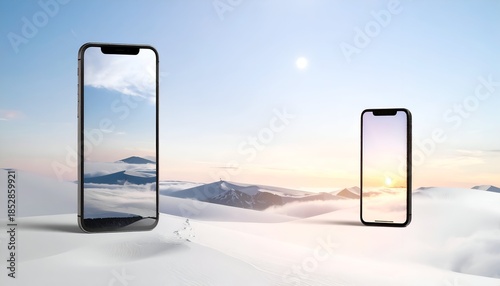 Two Smartphones Displaying a Snowy Mountain Landscape at Sunset.