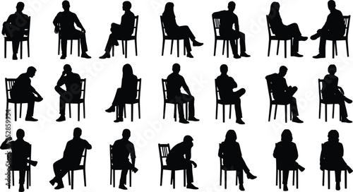 People sitting on chairs silhouettes illustration showing men and women in various seated poses, waiting, thinking, conversation, and everyday lifestyle concepts